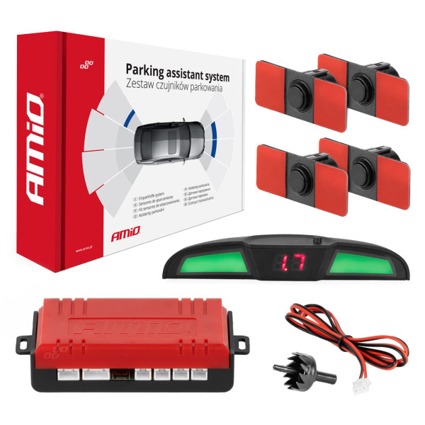 Parkošanās palīgsistēma LED COB, 4 melni sensori, iekšējais stiprinājums 16,5 mm AMIO-02285