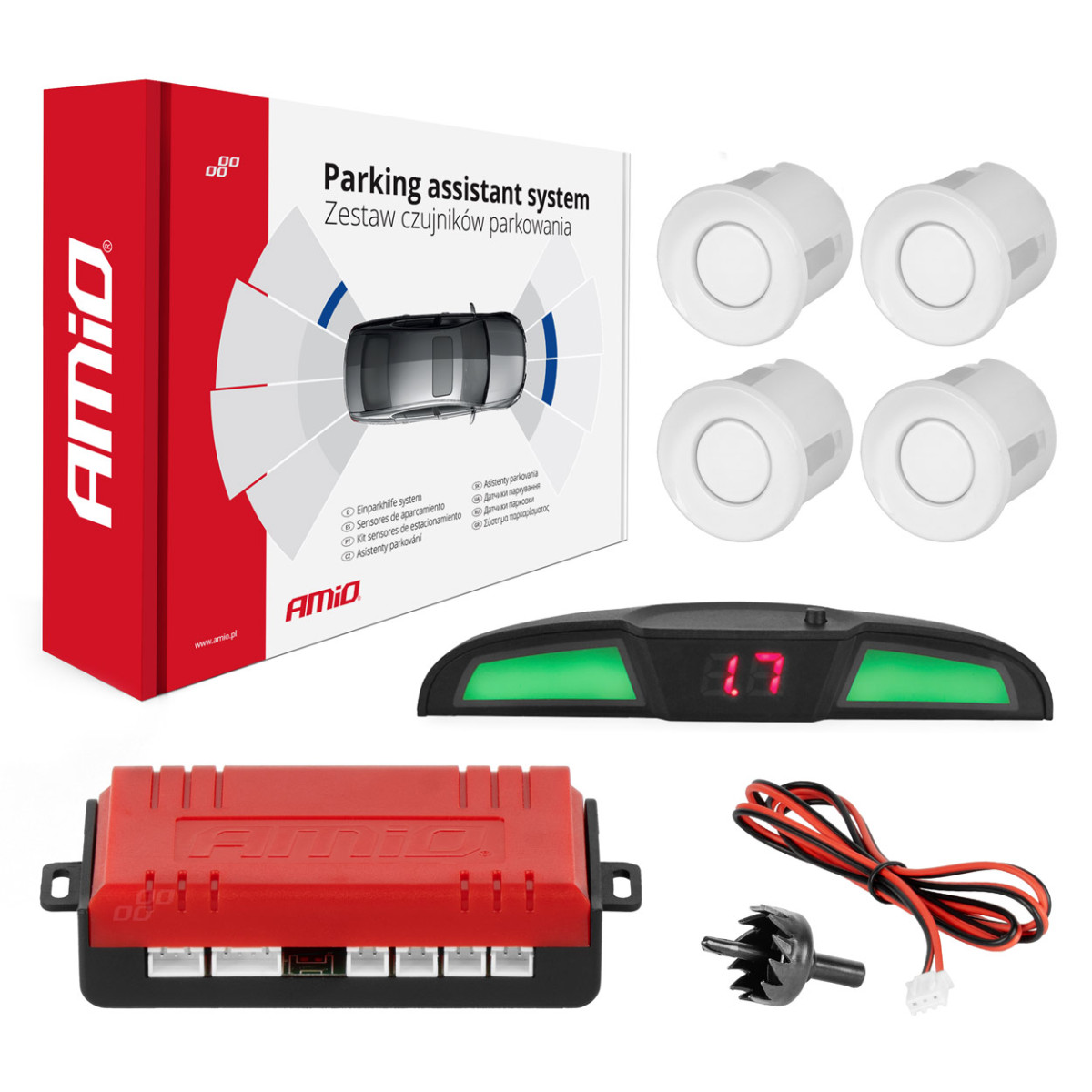 Parkošanās palīgsistēma LED COB, 4 balti sensori 22 mm AMIO-02283