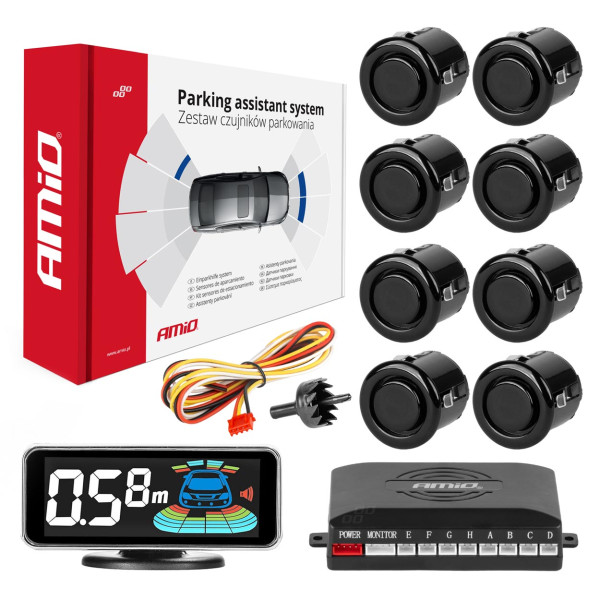 Parkošanās palīgsistēma LED-GRAF 3D, 8 melni sensori GOLD 18 mm AMIO-03192