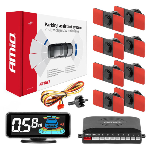 Parkošanās palīgsistēma LED-GRAF 3D, 8 melni sensori, iekšēja montāža 16,5 mm AMIO-03196