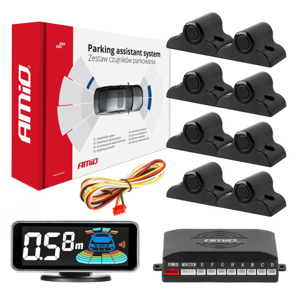 Parkošanās palīgsistēma LED-GRAF 3D, 8 melni sensori 19 mm, kravas automašīnām AMIO-03195