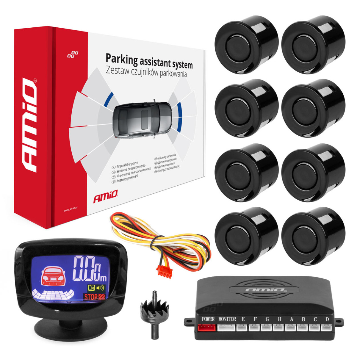 Parkošanās palīgsistēma LED-GRAF, 8 melni sensori 22 mm AMIO-01559