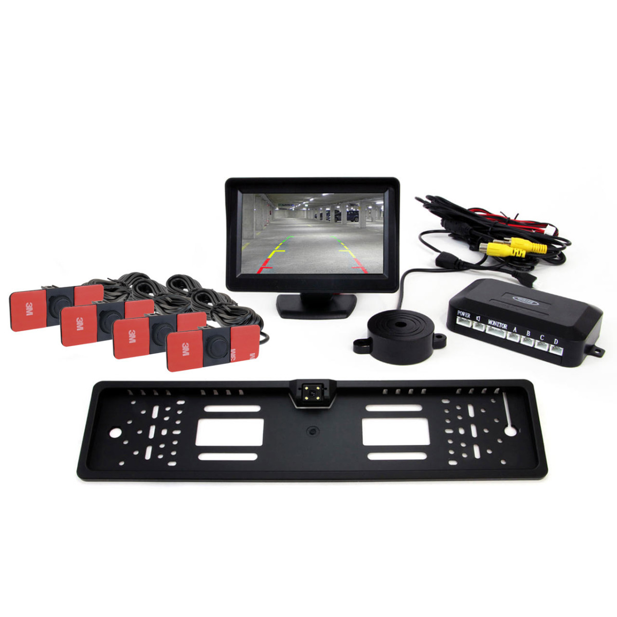 Parkošanās palīgsistēma TFT01 4.3" ar CAM-402 LED kameru, 4 melniem sensoriem, iekšējai uzstādīšanai