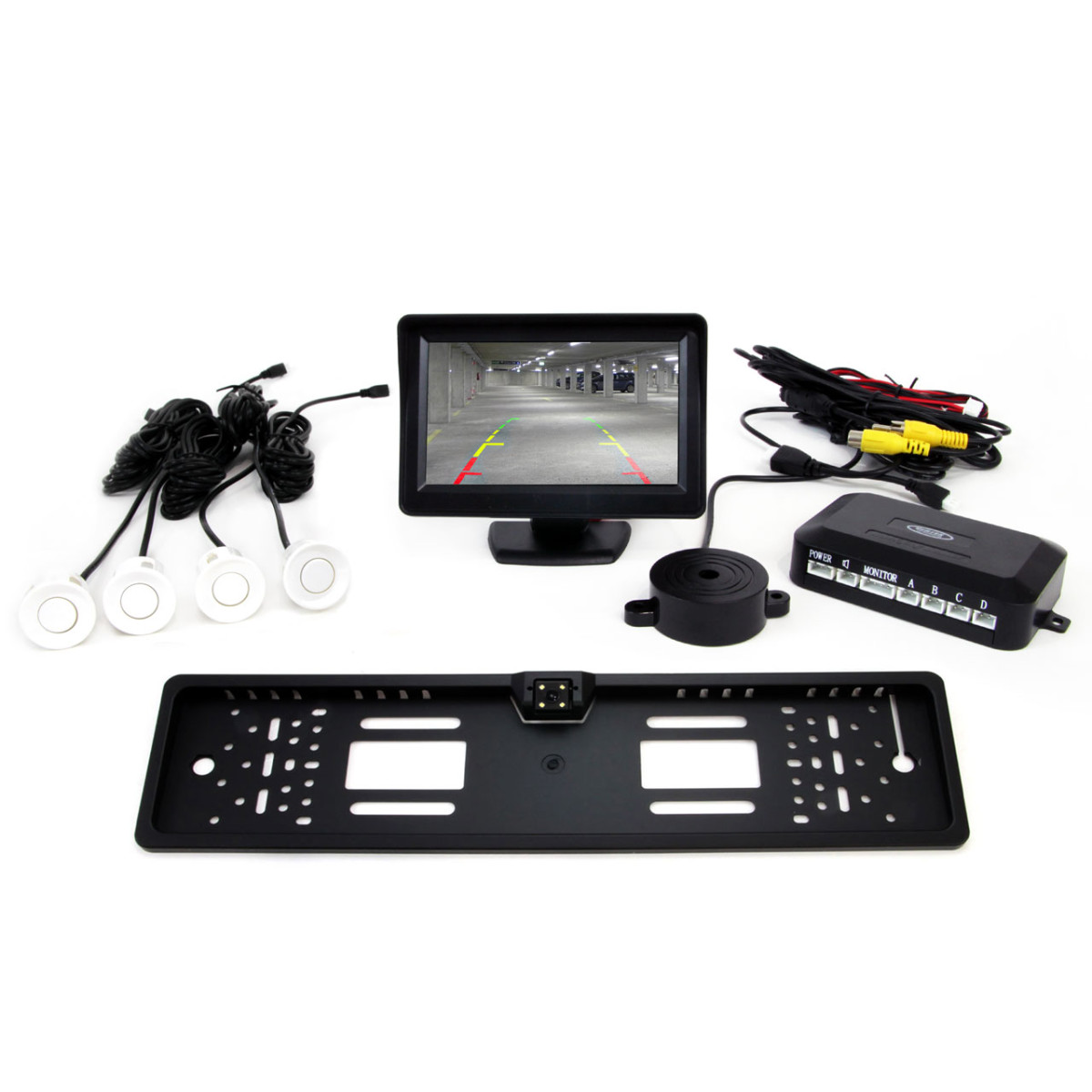Parkošanās palīgsistēma TFT01 4.3" ar CAM-402 LED kameru, 4 baltiem sensoriem