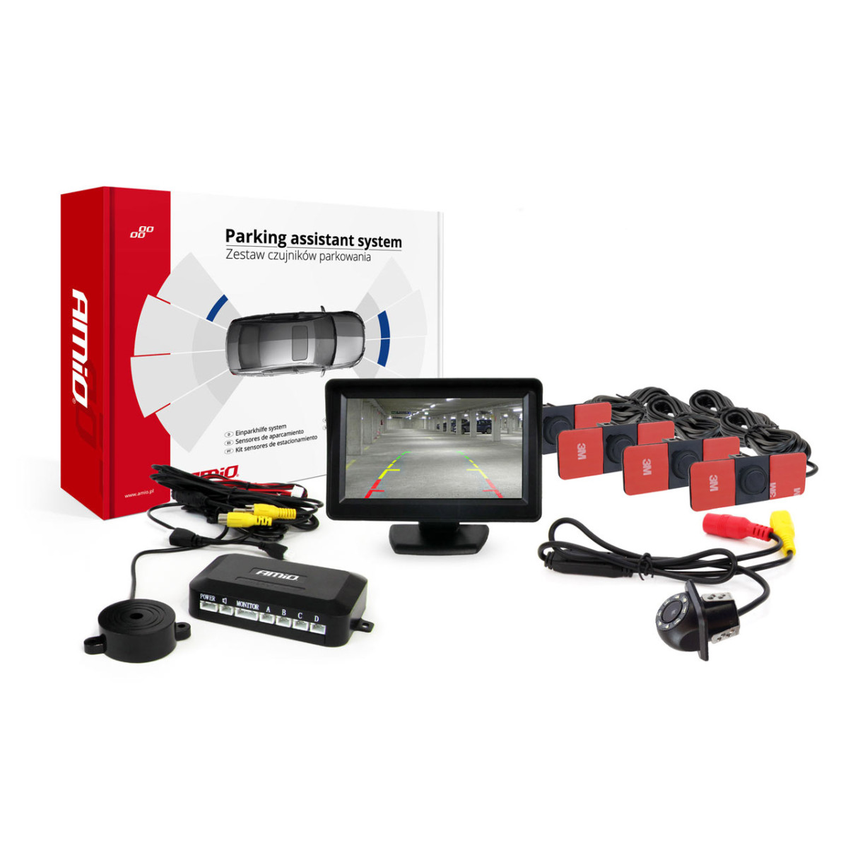 Parkošanās palīgsistēma TFT01 4.3" ar HD-305 LED kameru, 4 melniem sensoriem 28 mm, iekšējai uzstādīšanai