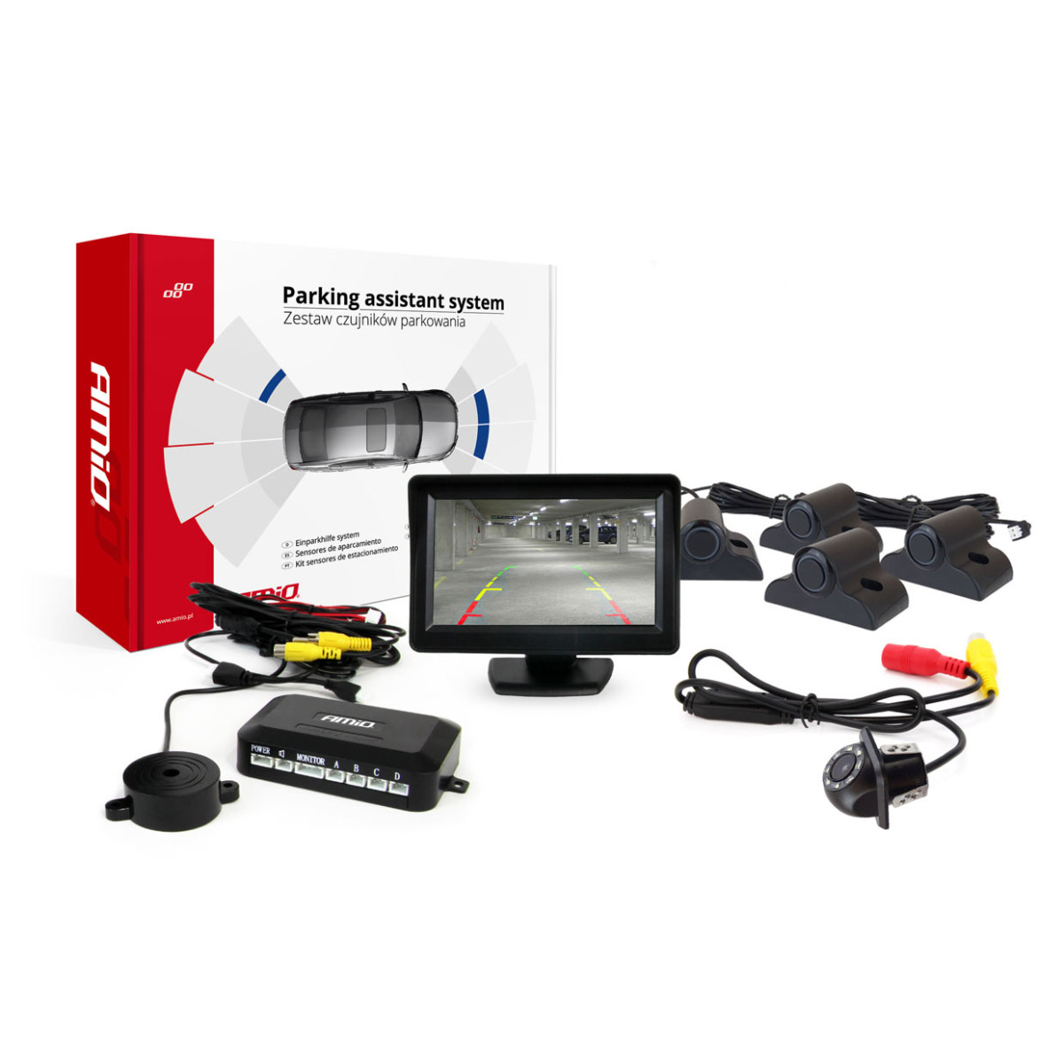 Parkošanās palīgsistēma TFT01 4.3" ar HD-305-LED kameru, 4 melniem sensoriem, kravas automašīnām