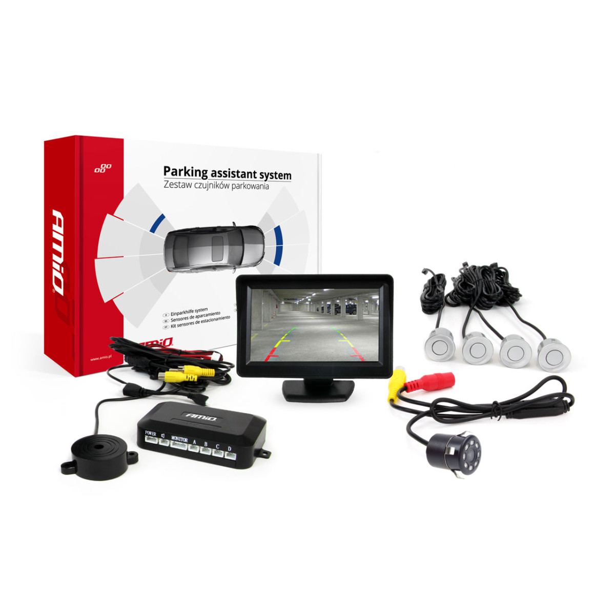 Parkošanās palīgsistēma TFT01 4.3" ar HD-307-IR kameru, 4 sudrabainiem sensoriem 22 mm