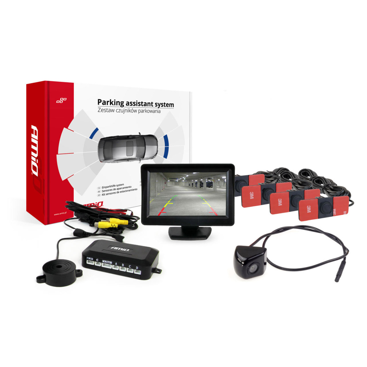 Parkošanās palīgsistēma TFT01 4,3" ar HD-310 kameru, 4 melniem sensoriem, iekšējai uzstādīšanai