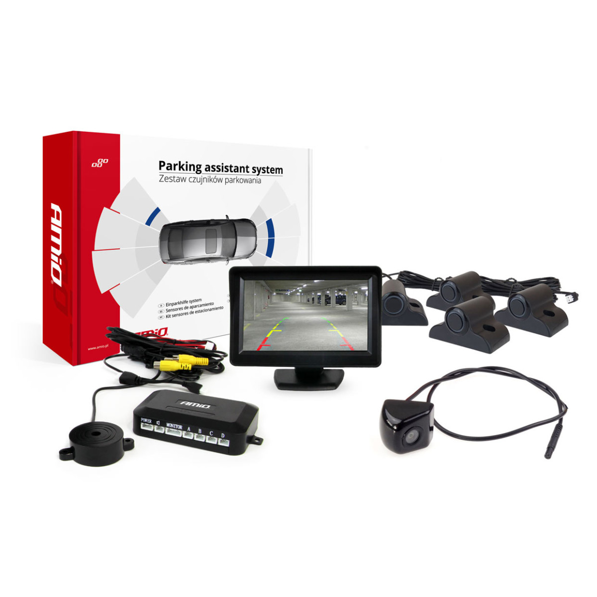 Parkošanās palīgsistēma TFT01 4.3" ar HD-310 kameru, 4 melniem sensoriem, kravas automašīnām