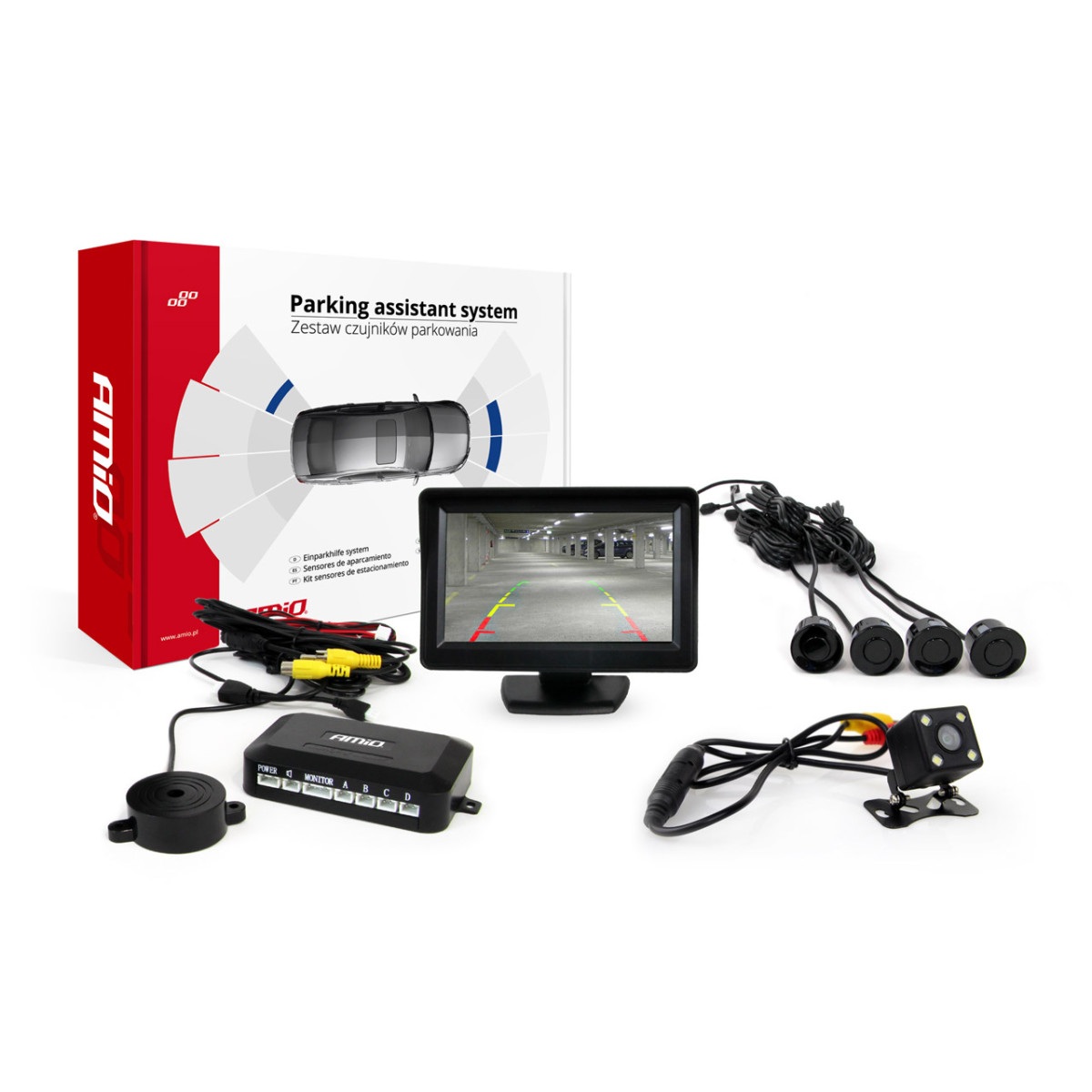 Parkošanās palīgsistēma TFT01 4,3" ar HD 315 LED kameru, 4 melniem sensoriem 22 mm