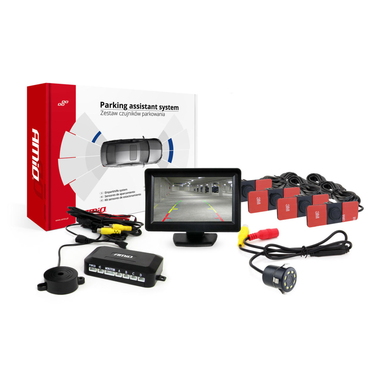 Parkošanās palīgsistēma TFT01 4,3" ar HD 315 LED kameru, 4 melniem sensoriem, iekšējai uzstādīšanai