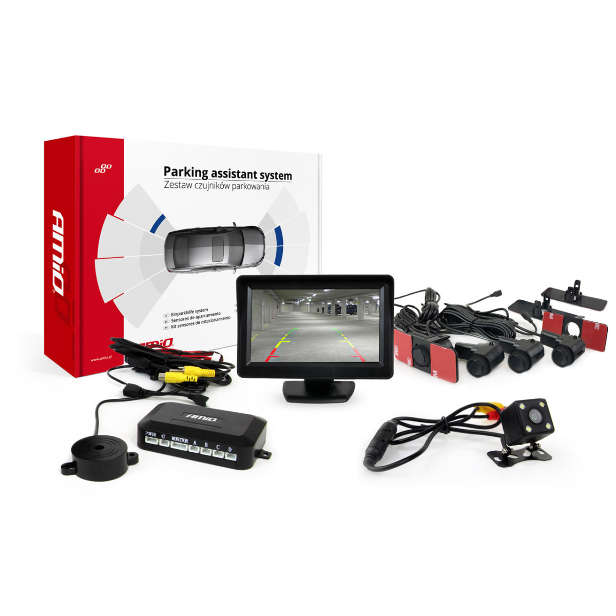 Parkošanās palīgsistēma TFT01 4,3" ar HD 315 LED kameru, 4 melniem sensoriem 16,5 mm, iekšējai uzstādīšanai