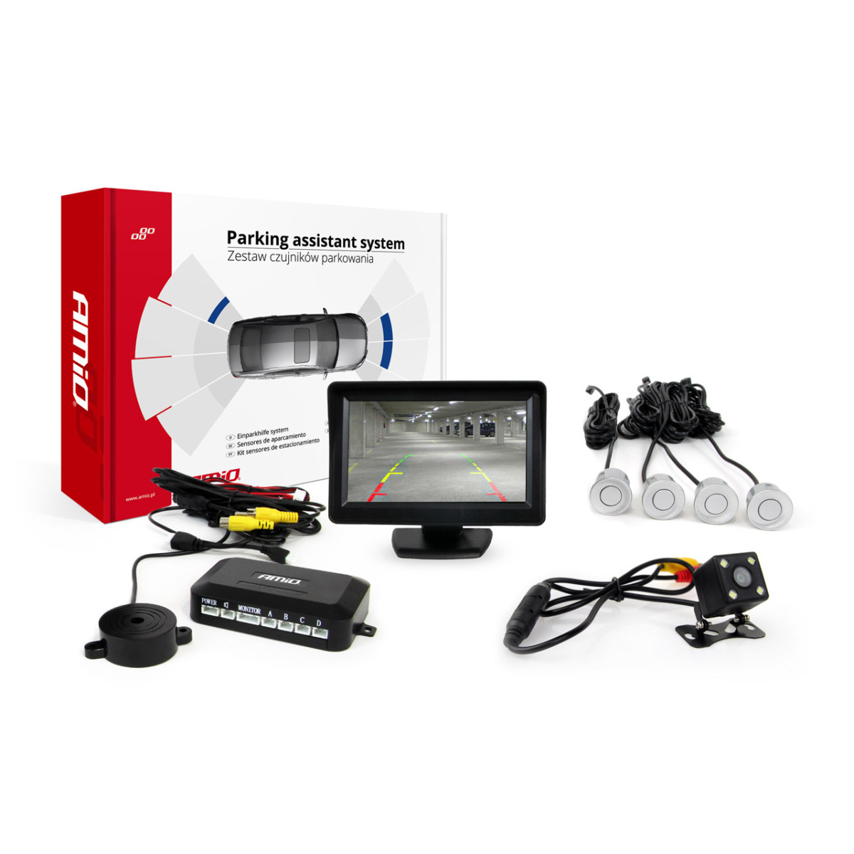Parkošanās palīgsistēma TFT01 4,3" ar HD 315 LED kameru, 4 sudrabainiem sensoriem 22 mm