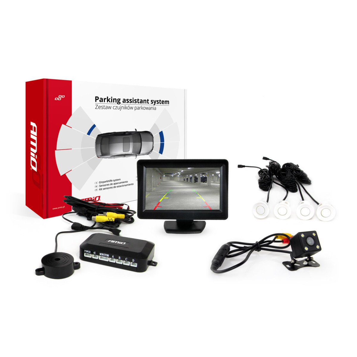 Parkošanās palīgsistēma TFT01 4,3" ar HD 315 LED kameru, 4 baltiem sensoriem 22 mm