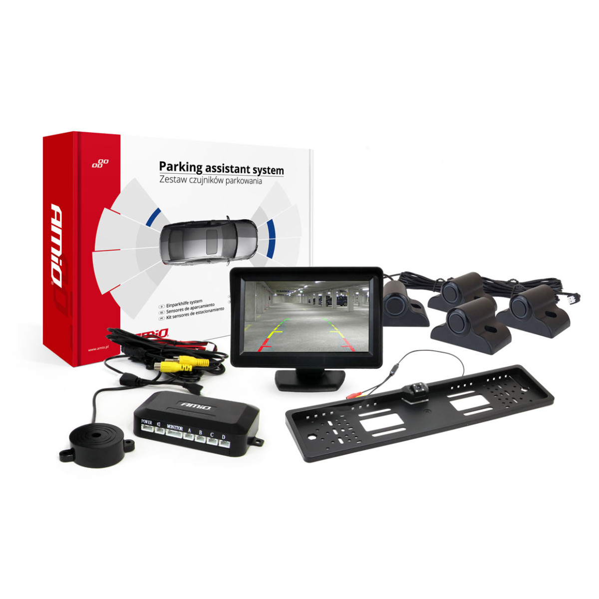 Parkošanās palīgsistēma TFT01 4.3" ar HD-402-LED kameru, 4 melniem sensoriem, kravas automašīnām