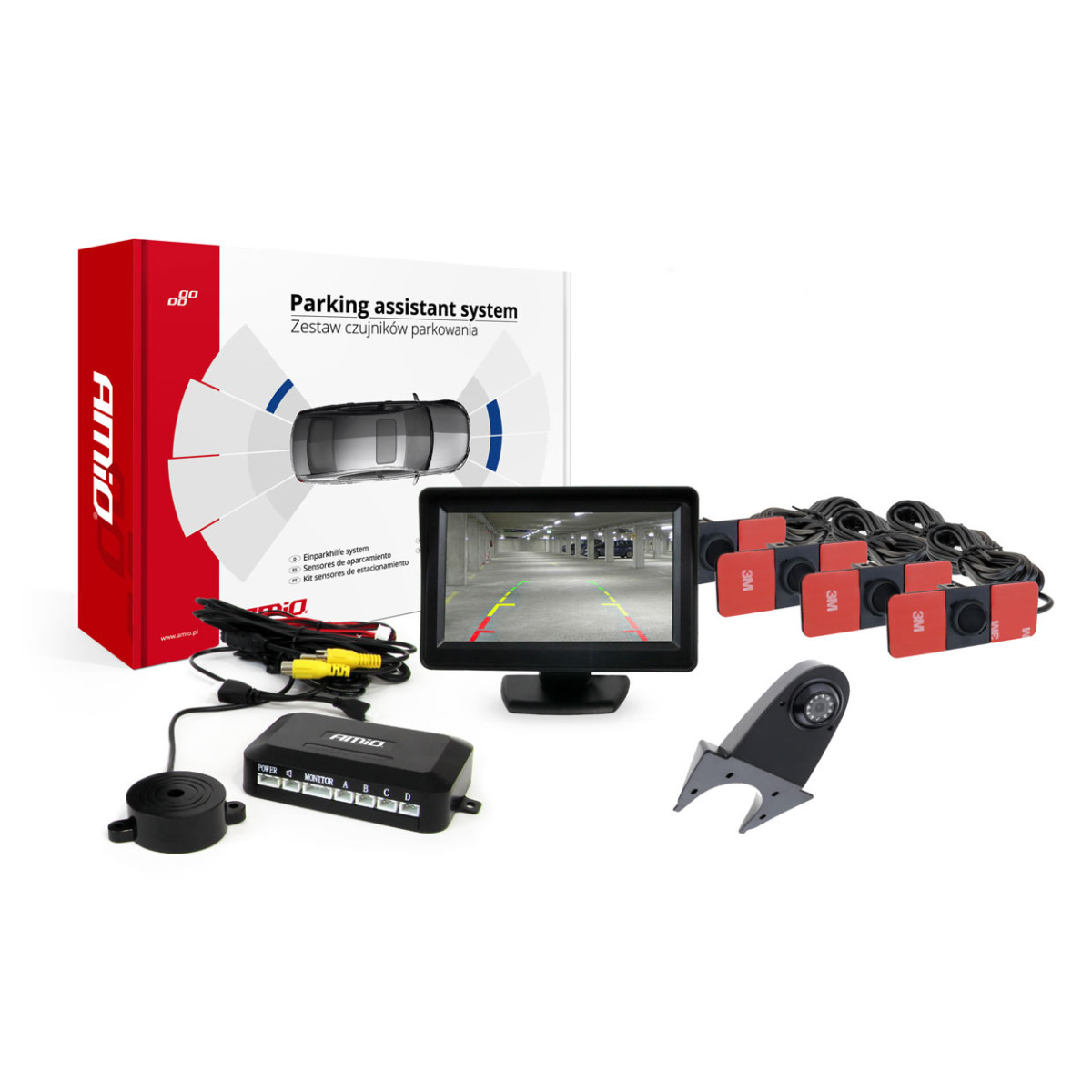 Parkošanās palīgsistēma TFT01 4.3" ar HD-502-IR kameru, 4 melniem sensoriem, iekšējai uzstādīšanai