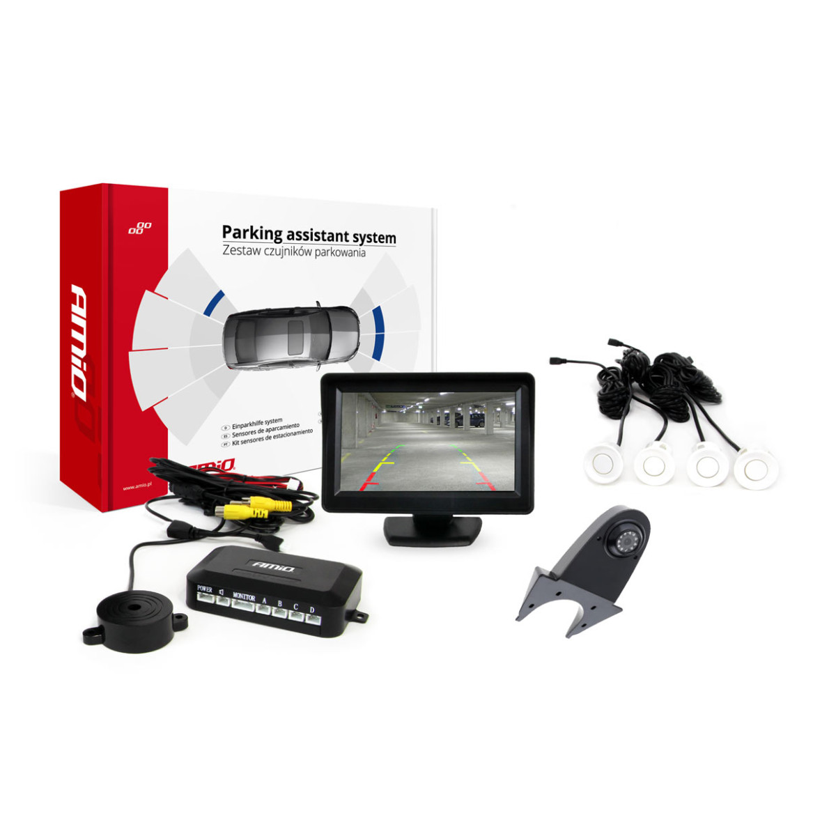 Parkošanās palīgsistēma TFT01 4.3" ar HD-502-IR kameru, 4 baltiem sensoriem