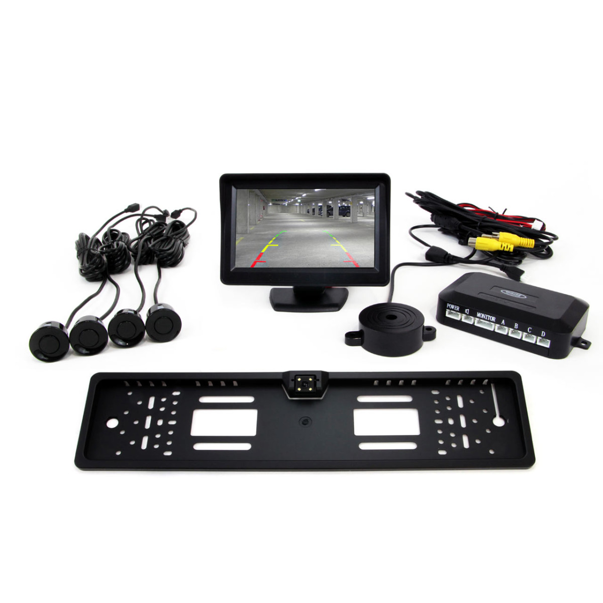 Parkošanās palīgsistēma TFT01 FT 4.3" ar CAM-402 LED kameru, 4 melniem sensoriem