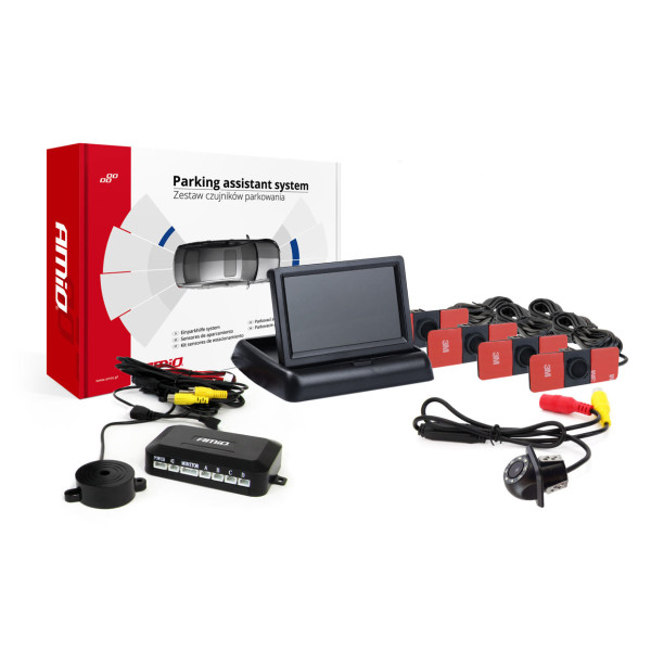 Parkošanās palīgsistēma TFT02 4.3" ar HD-305-LED kameru, 4 melniem sensoriem, iekšējai uzstādīšanai