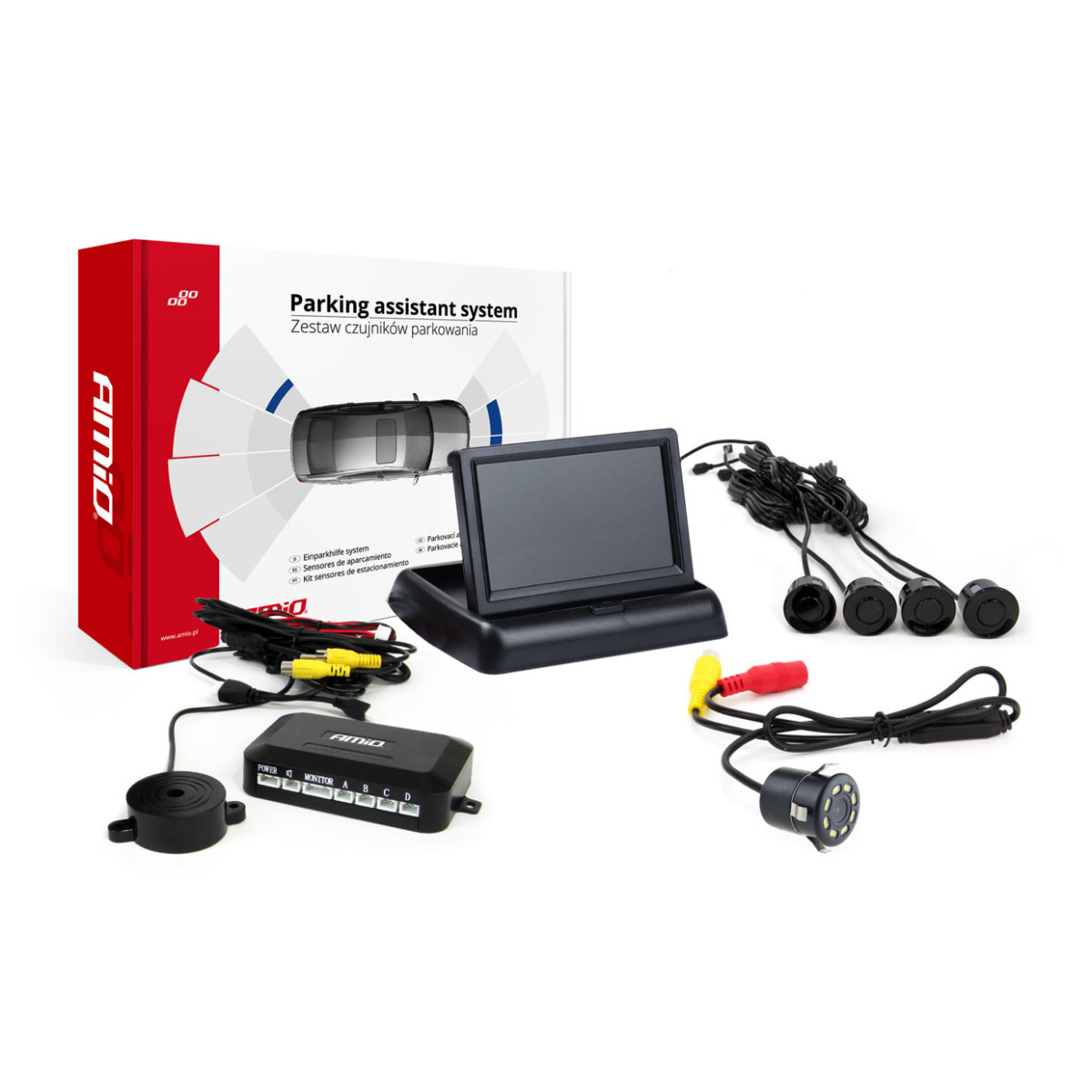 Parkošanās palīgsistēma TFT02 4.3" ar HD-308-LED kameru, 4 melniem sensoriem