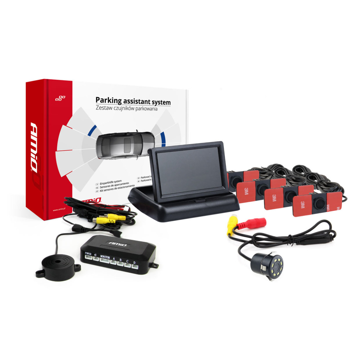 Parkošanās palīgsistēma TFT02 4.3" ar HD-308-LED kameru, 4 melniem sensoriem, iekšējai uzstādīšanai