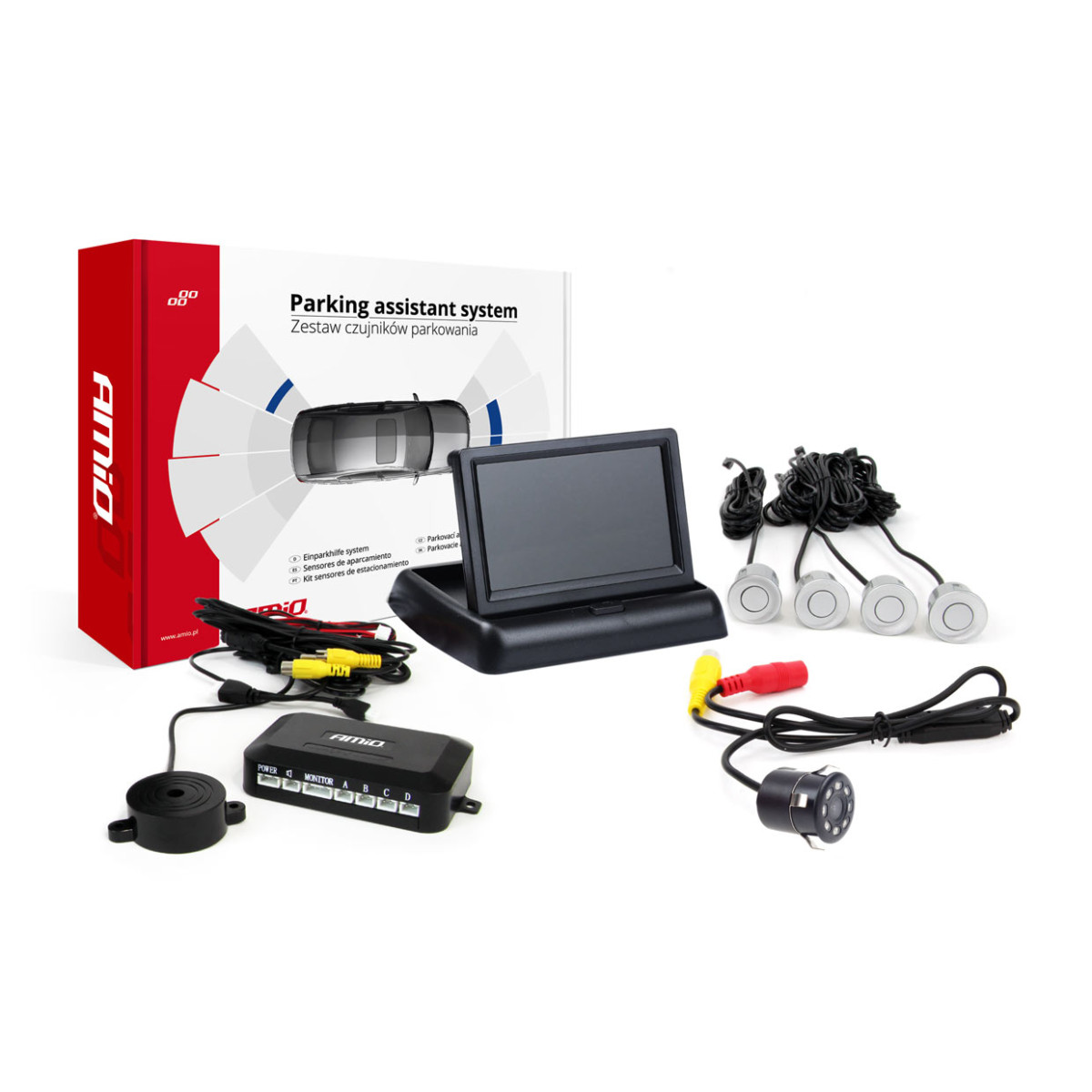 Parkošanās palīgsistēma TFT02 4.3" ar HD-308-LED kameru, 4 sudrabainiem sensoriem