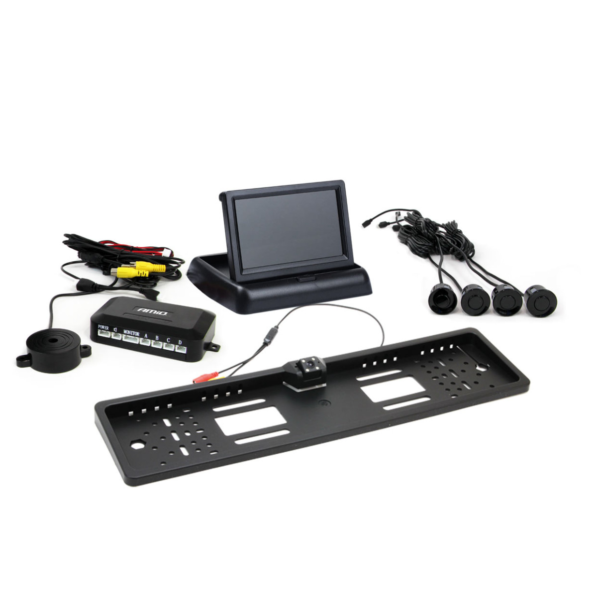 Parkošanās palīgsistēma TFT02 4.3" ar HD-402-LED kameru, 4 melniem sensoriem