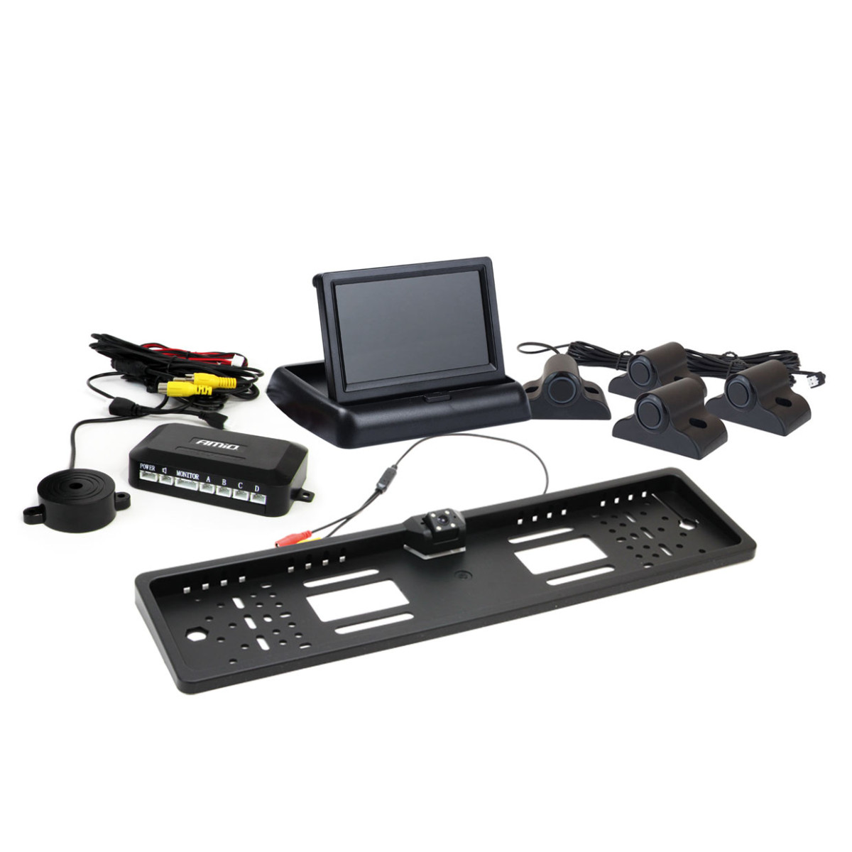 Parkošanās palīgsistēma TFT02 4.3" ar HD-402-LED kameru, 4 melniem sensoriem, kravas automašīnām