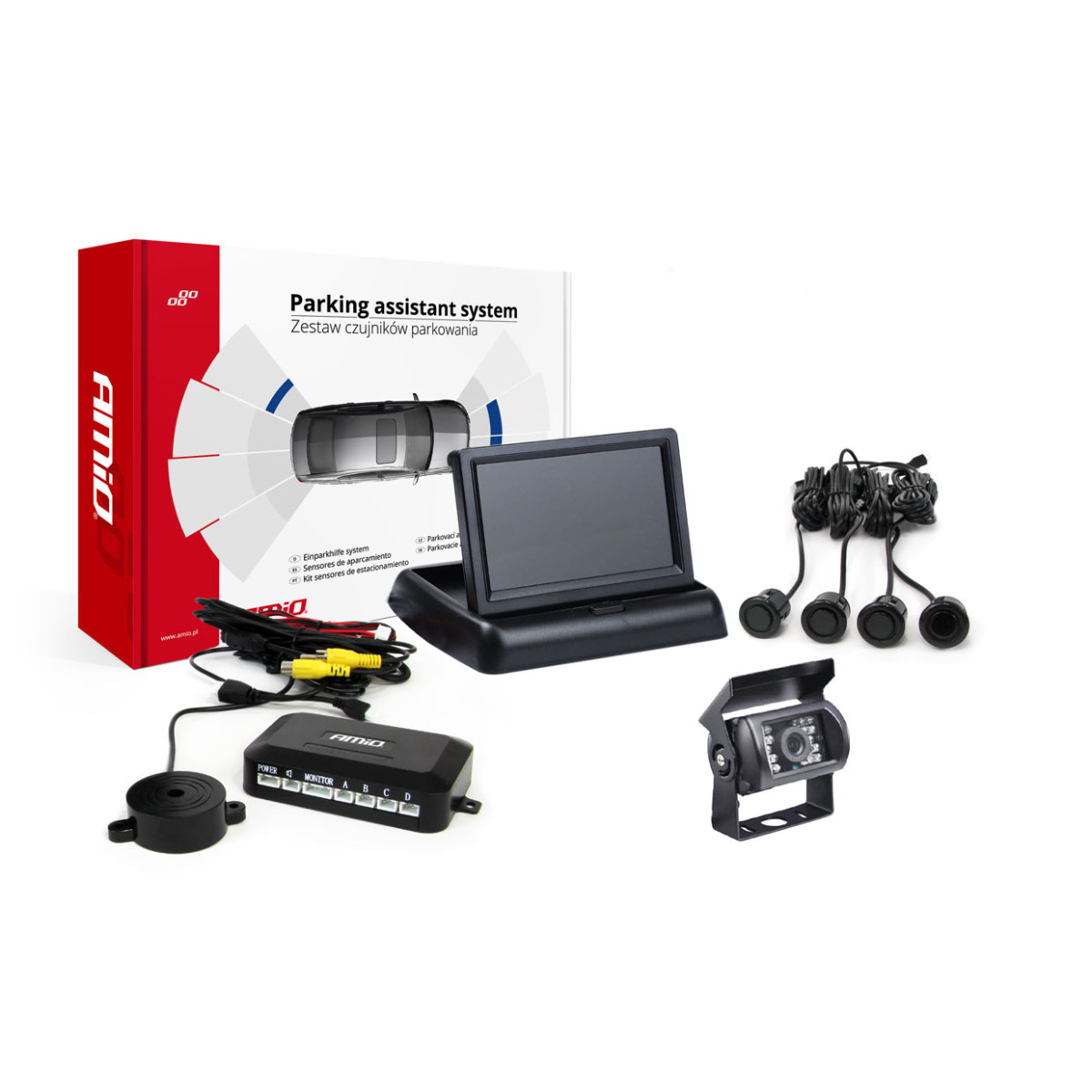 Parkošanās palīgsistēma TFT02 4.3" ar HD-501-IR kameru, 4 melniem sensoriem ZELTA KRĀSĀ