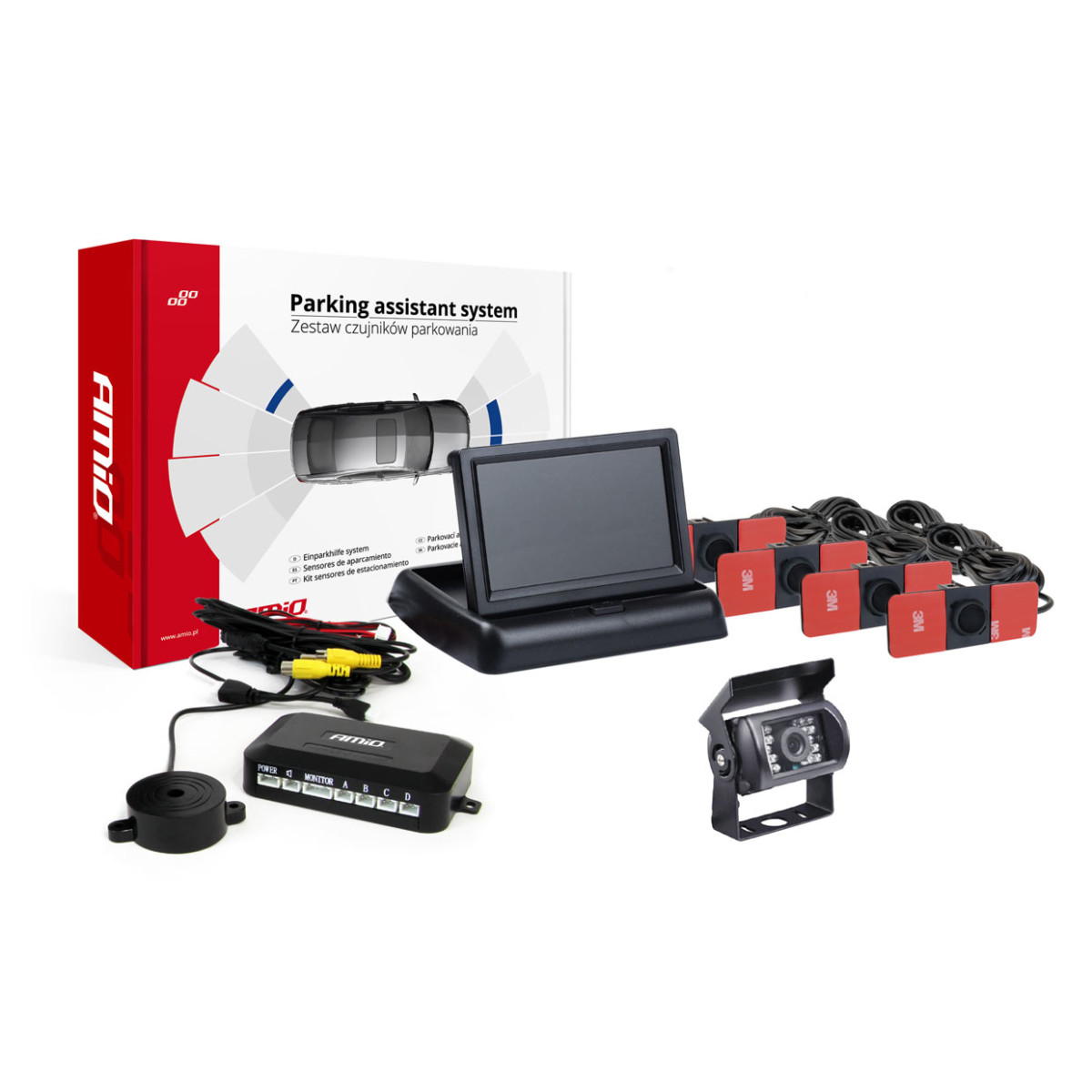 Parkošanās palīgsistēma TFT02 4.3" ar HD-501-IR kameru, 4 melniem sensoriem, iekšējai uzstādīšanai