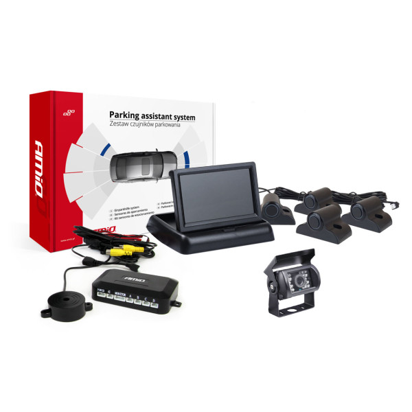 Parkošanās palīgsistēma TFT02 4.3" ar HD-501-IR kameru, 4 melniem sensoriem, kravas automašīnām