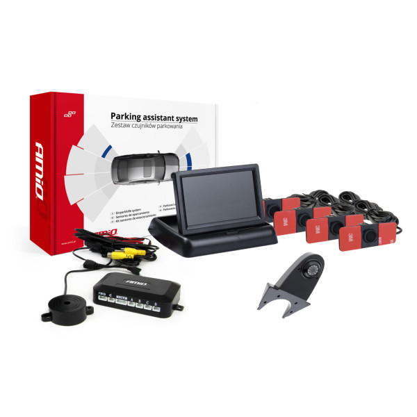 Parkošanās palīgsistēma TFT02 4.3" ar HD-502-IR kameru, 4 melniem sensoriem, iekšējai uzstādīšanai