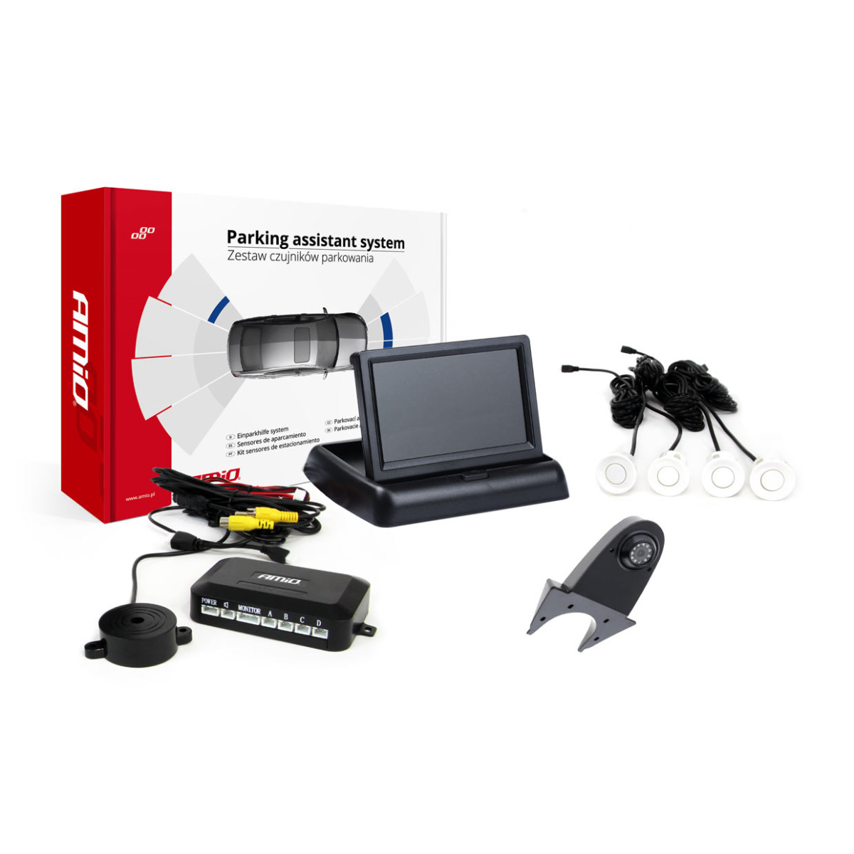 Parkošanās palīgsistēma TFT02 4.3" ar HD-502-IR kameru, 4 baltiem sensoriem