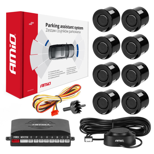 Parkošanās palīgsistēma ar skaņas signālu, 8 melni sensori 22 mm AMIO-01575