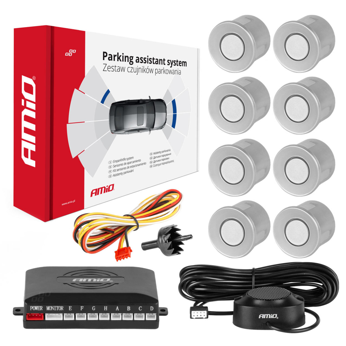 Parkošanās palīgsistēma ar skaņas signālu, 8 sudraba sensori 22 mm AMIO-01596