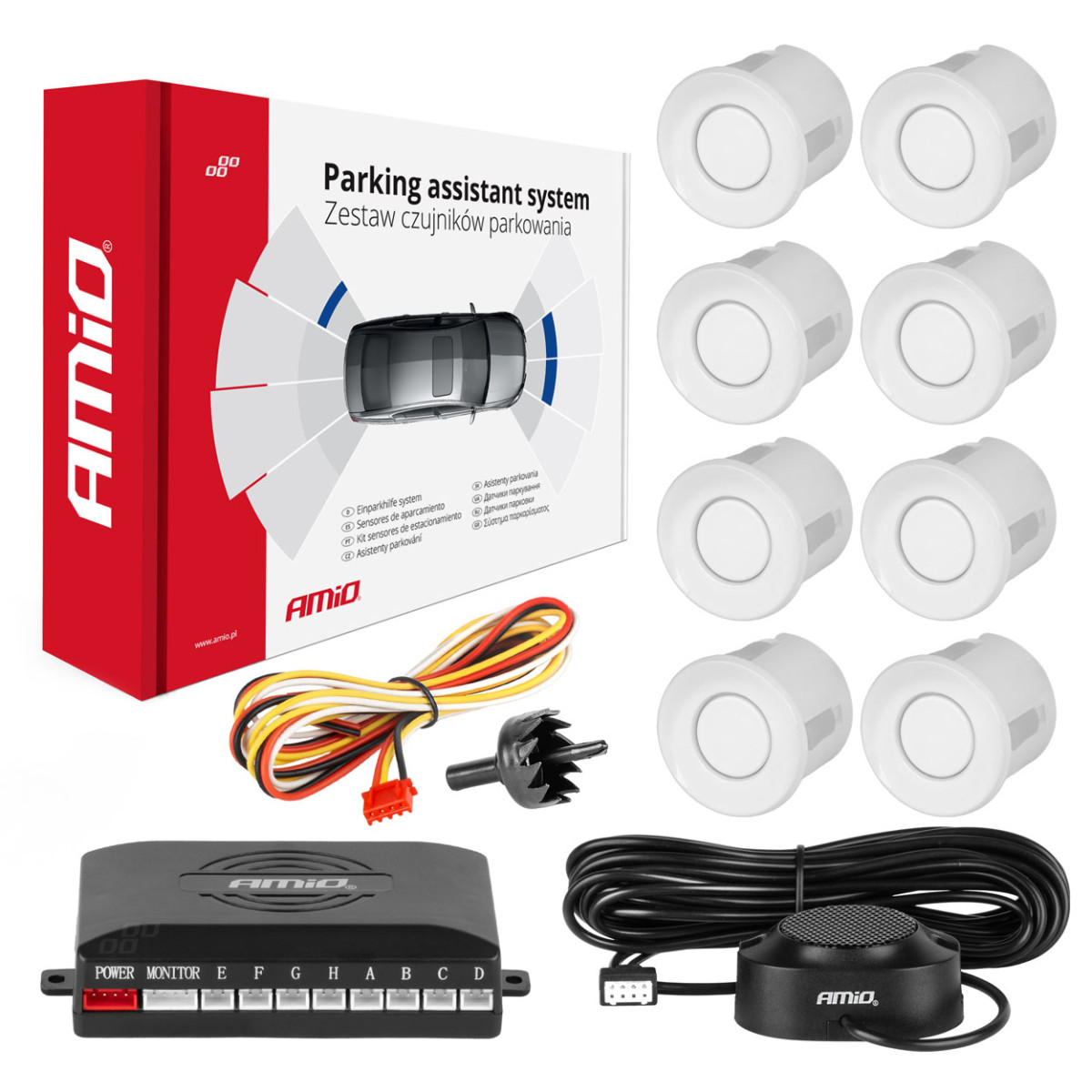 Parkošanās palīgsistēma ar skaņas signālu, 8 balti sensori 22 mm AMIO-01599