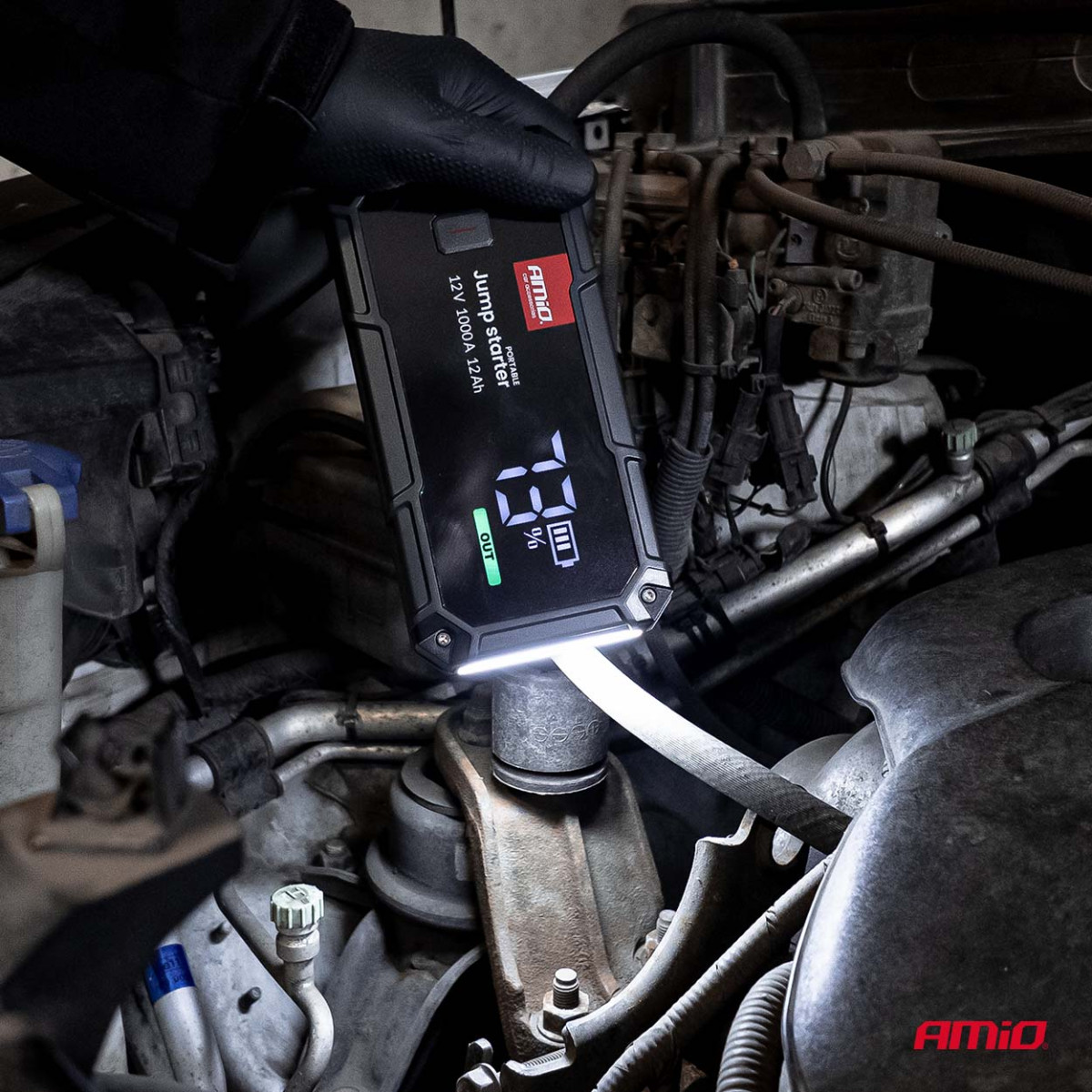 3in1 automašīnas palaišanas āķis/LED/ārējā akumulators 12V 12Ah 1000A PRO AMIO-04676