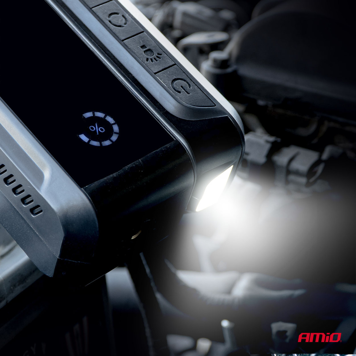 4in1 automašīnas palaišanas ierīce (paātrinātājs) ar kompresoru, LED lukturīti un ārējo akumulatoru 12V 12Ah 1600A AMIO-04677