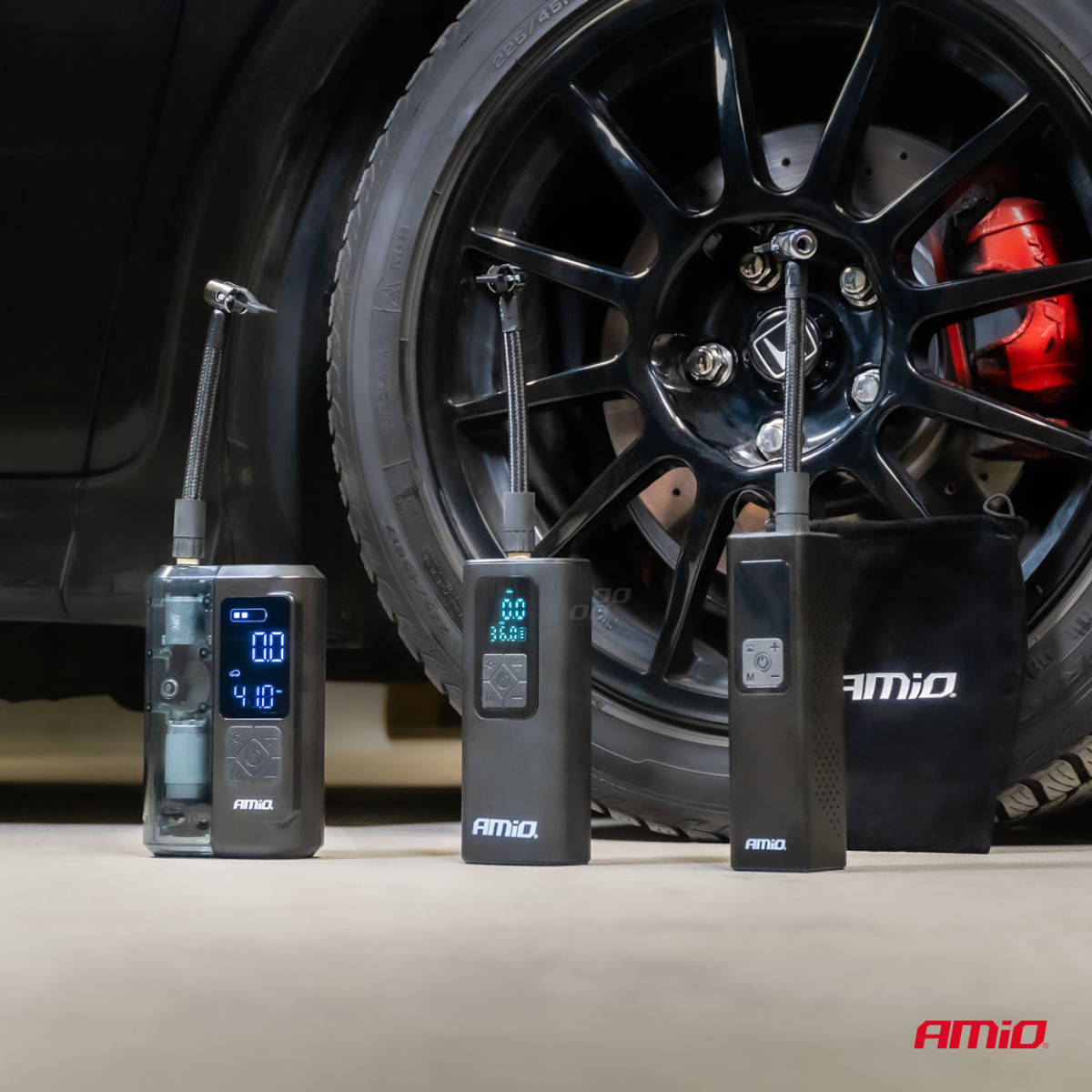 Bezvadu automašīnas kompresors 40 W ar LED, lādētāju un USB-C, AMIO-04377
