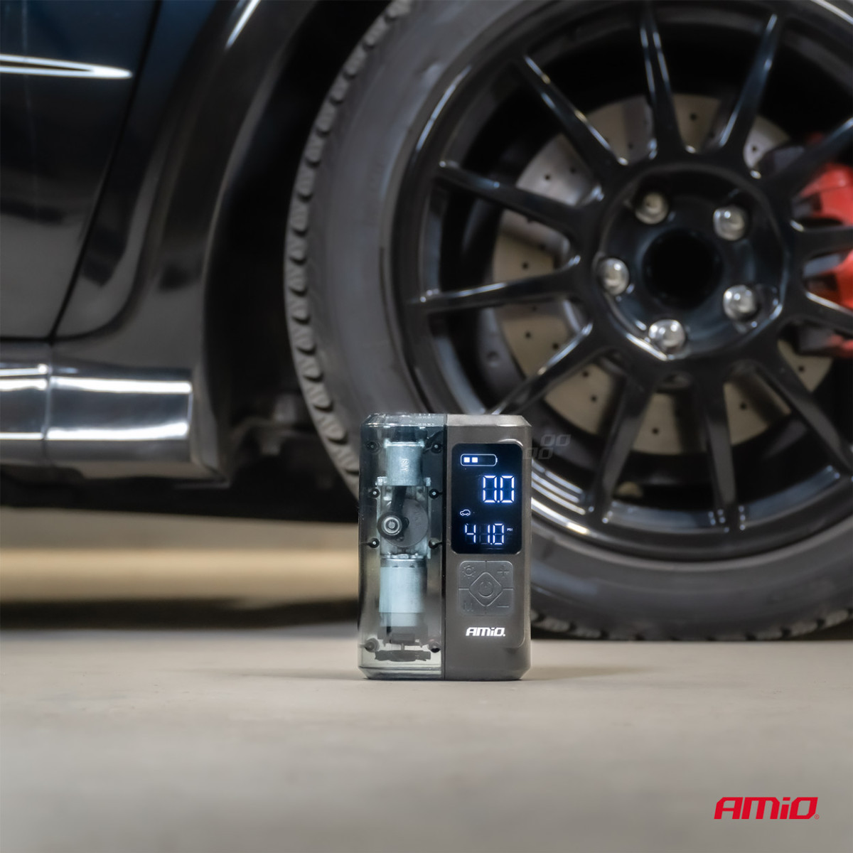 Bezvadu automašīnas kompresors 40 W ar LED, powerbank funkciju un USB-C, AMIO-04378