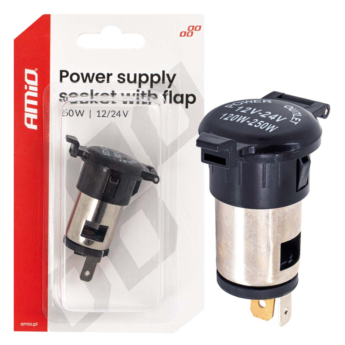 Papildu strāvas kontaktligzda ar vāku 250W 12V/24V, AMIO-04434