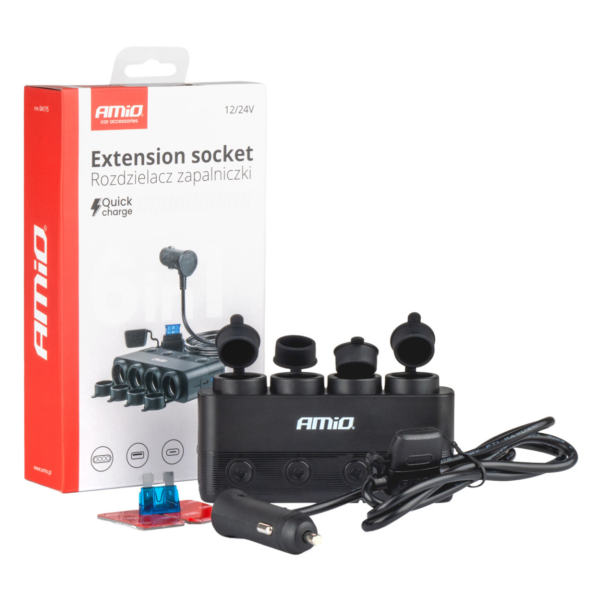 Automašīnas 4 kontaktligzdu pagarinātājs ar PD 30W un QC3.0 12/24V, maks. 216W AMIO-04175