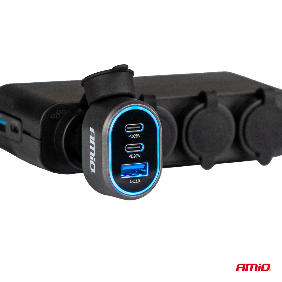 Ātrais automašīnas lādētājs QC 3.0 PD 65W + PD 20W AMIO-04177
