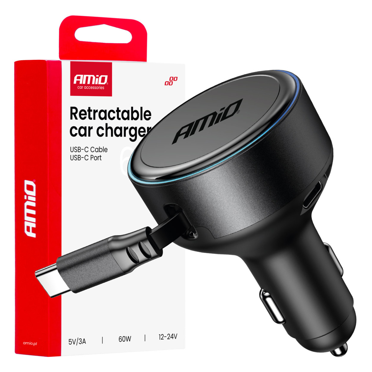 Automašīnas lādētājs ar ievelkamu C kabeli un USB-C 12/24V 60W AMIO-04368