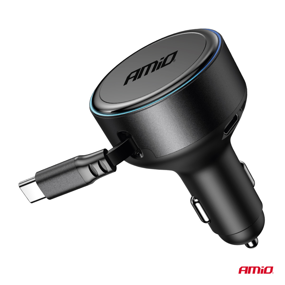 Automašīnas lādētājs ar ievelkamu C kabeli un USB-C 12/24V 60W AMIO-04368