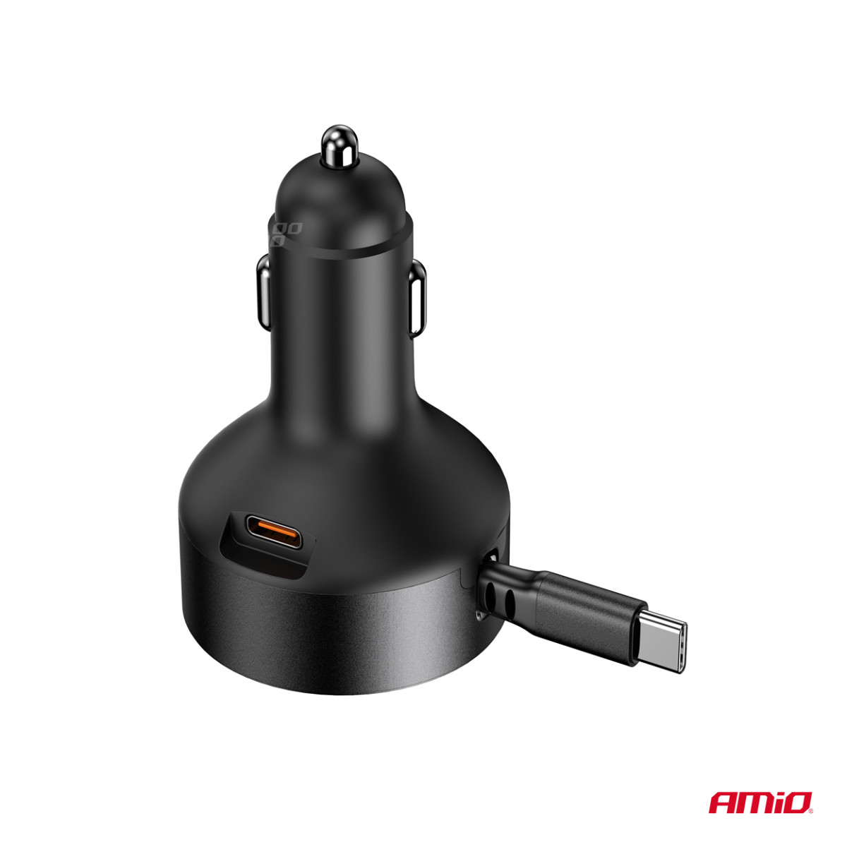 Automašīnas lādētājs ar ievelkamu C kabeli un USB-C 12/24V 60W AMIO-04368