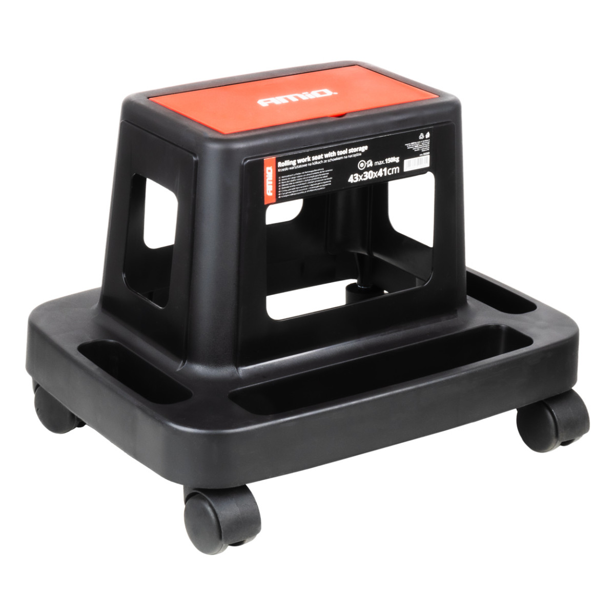 Darbnīcas krēsls uz riteņiem ar instrumentu uzglabāšanas kasti, 150 kg, AMIO-04269