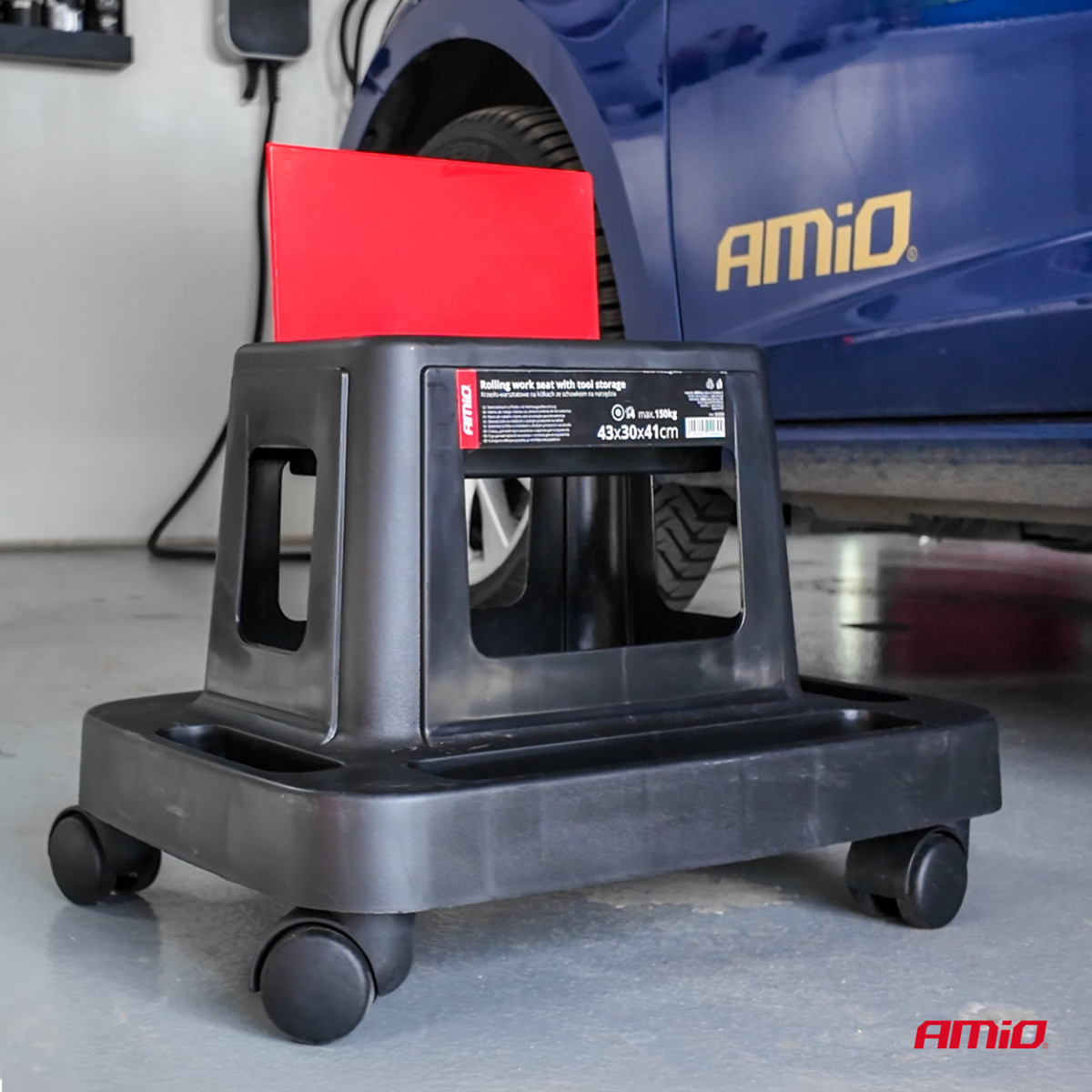 Darbnīcas krēsls uz riteņiem ar instrumentu uzglabāšanas kasti, 150 kg, AMIO-04269