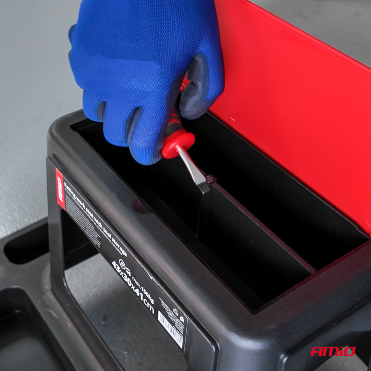 Darbnīcas krēsls uz riteņiem ar instrumentu uzglabāšanas kasti, 150 kg, AMIO-04269