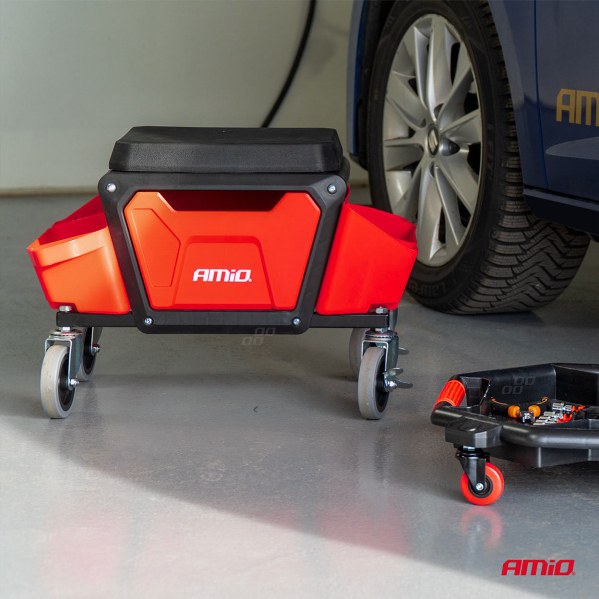 Darbnīcas krēsls uz riteņiem ar instrumentu uzglabāšanas kasti, 135 kg, AMIO-04268